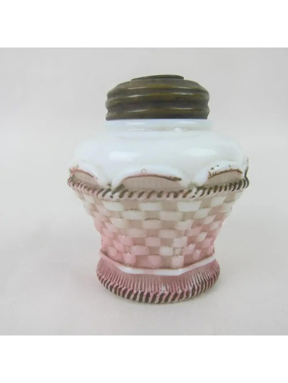 Antique Miniature Oil Lamp Base Pink & White Milk Glass Basket Weave 3
